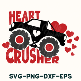 a monster truck with hearts and the words heart crusher