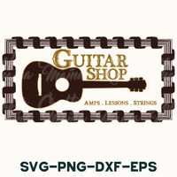 the guitar shop logo with a guitar on it