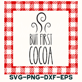 a red and white checkered pattern with the words, but first cocoa