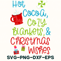 a christmas card with a cup of hot cocoa, cozy blankets and christmas wishes