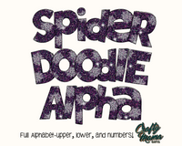 the words spider doodle apna are purple and white