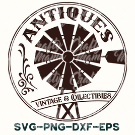 a windmill with the words antiques and antiques on it