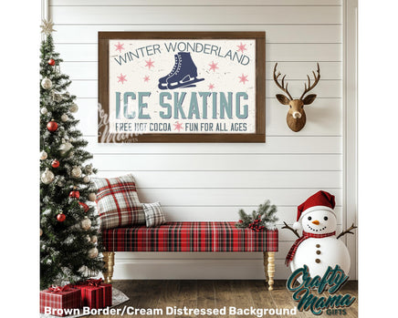 a christmas scene with a snowman and a skating sign