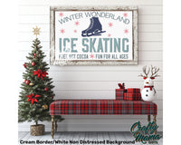 a christmas scene with a snowman and ice skating sign