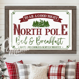 North Pole bed and breakfast sign in a living room with a christmas tree and presents