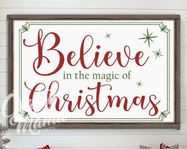 Believve in the magic of Christmas canvas sign in a living room with a christmas tree and presents