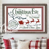 Christmas eve toy sign in a living room decorated for Christmas