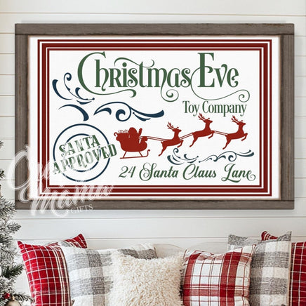 Christmas eve toy sign in a living room decorated for Christmas