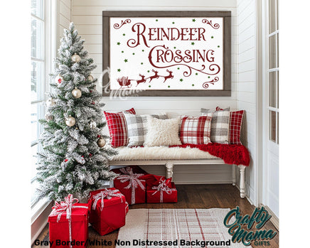 A reindeer crossing sign in a christmas scene with presents and a christmas tree