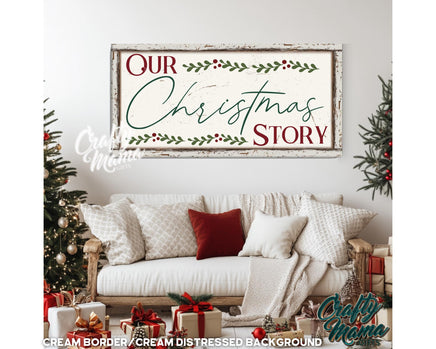 a white couch sitting in a living room under a christmas sign