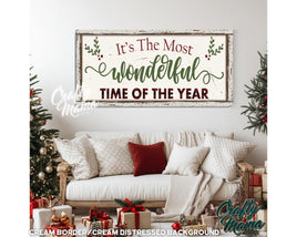 It&#39;s the most wonderful time of the year sign in a living room with a couch and christmas decorations