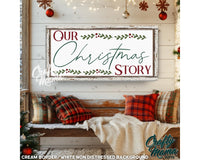 our Christmas story sign hanging above a bench