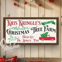 Christmas tree farm sign in a christmas scene with a couch and a dog