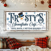 snowflake cafe sign in a decorated room