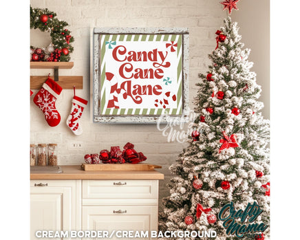 a decorated christmas tree in front of a candy cane frame