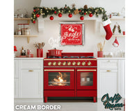 a red stove top oven sitting inside of a kitchen