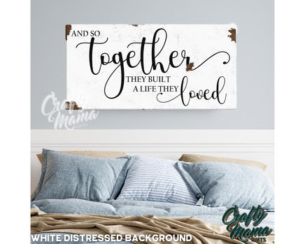 a picture of a bed with pillows and a sign that says, and so together