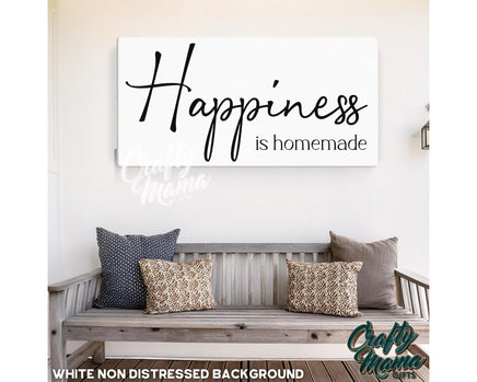 a wooden bench sitting under a sign that says happiness is homemade