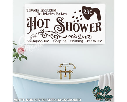 a sign that says hot and shower on the side of a bathtub