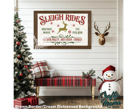 Sleigh rides farmhouse sign in a christmas scene with a snowman