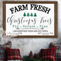 Farm fresh Christmas tree sign in a decorated living room