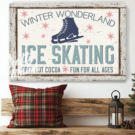 A winter ice skating sign above a wooden bench sitting next to a pile of logs