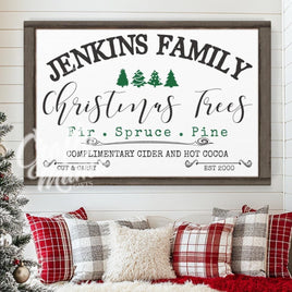 Personalized family name Christmas tree farm sign in a living room decorated for Christmas