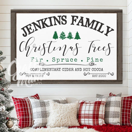 Personalized family name Christmas tree farm sign in a living room decorated for Christmas