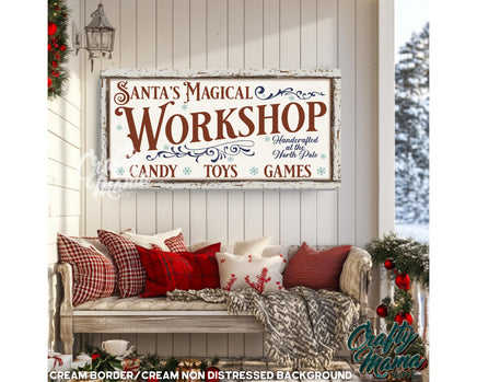 a wooden sign that says santa&#39;s magic workshop candy toys games