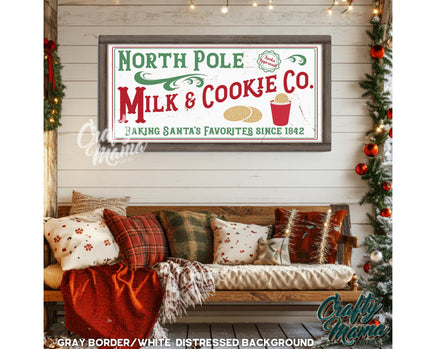 a picture of a sign that says north pole milk and cookie co