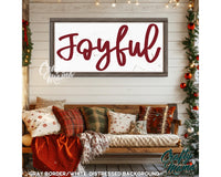 a christmas scene with a couch and a sign that says joyful