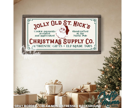 a picture of a christmas supply sign hanging on a wall