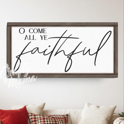 O come all ye faithful sign in a living room with a white couch and a christmas tree