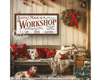 Santa&#39;s workshop vntag sign in a christmas scene with a couch and a dog