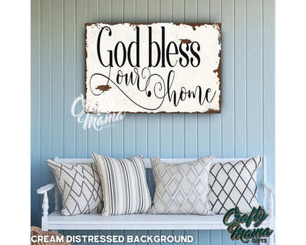 a wooden sign that says god bless on the home