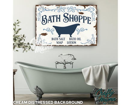 a bathroom with a bath tub and a sign on the wall