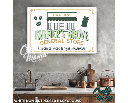 a kitchen with a sign that says farmer&#39;s grove general store