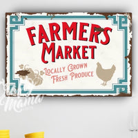 a sign on a wall that says farmers market