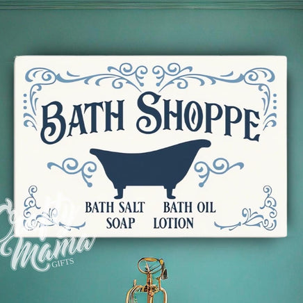 a bath room with a bath tub and a sign