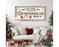 a living room decorated for christmas with a gingerbread sign