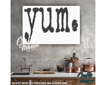 a picture of a kitchen with the words yum on it