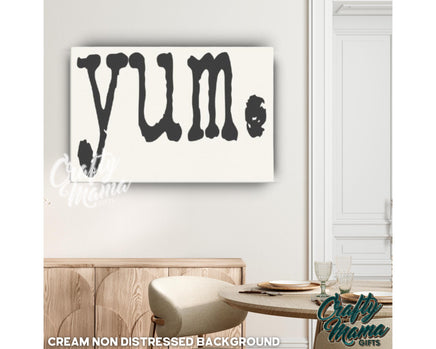 a picture of a dining room with a yum sign on the wall