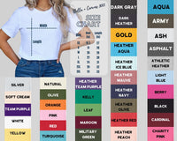 a woman standing in front of a chart of colors