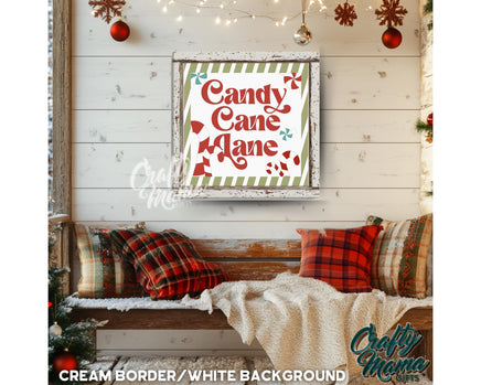 a picture of a candy cane lane sign hanging on a wall