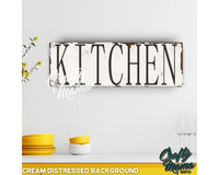 a kitchen sign on the wall above a counter