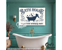 a bath room with a bath tub and a sign