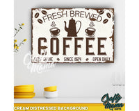 a sign that says fresh brew coffee on it