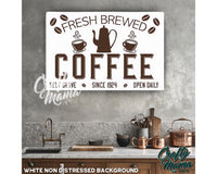 a kitchen with a sign that says fresh brew coffee