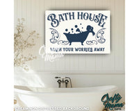 a bath room with a bath tub and a sign