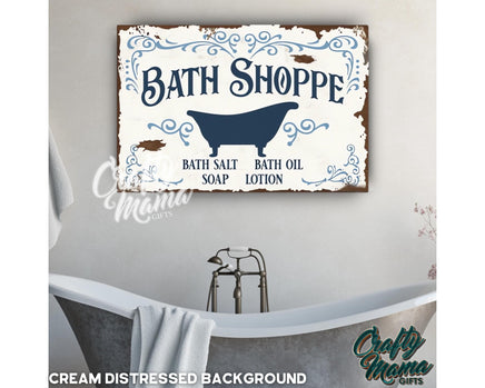 a bath shoppe sign hanging on the wall